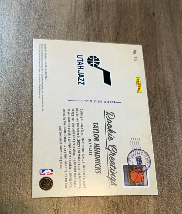 Taylor Hendricks 2023-24 Panini Hoops - Rookie Greetings 15 trading card image rear