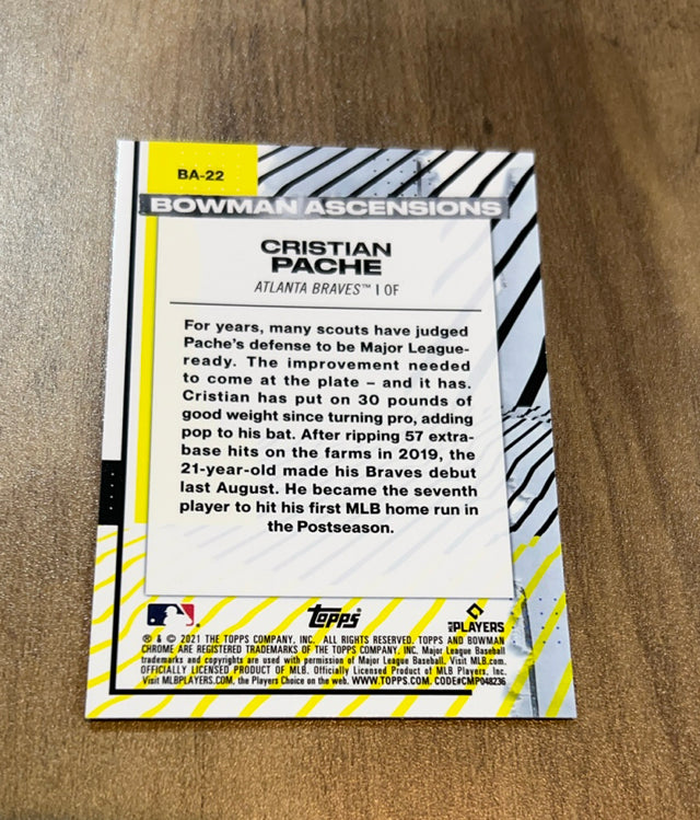 Cristian Pache 2021 Bowman Chrome Bowman Ascensions Mojo Refractor BA-22 trading card image rear