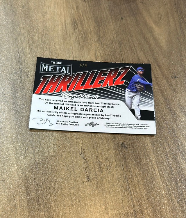 Maikel Garcia 2022 Leaf Metal Thrillerz Autographs Tiger Prismatic TH-MG1 trading card image rear