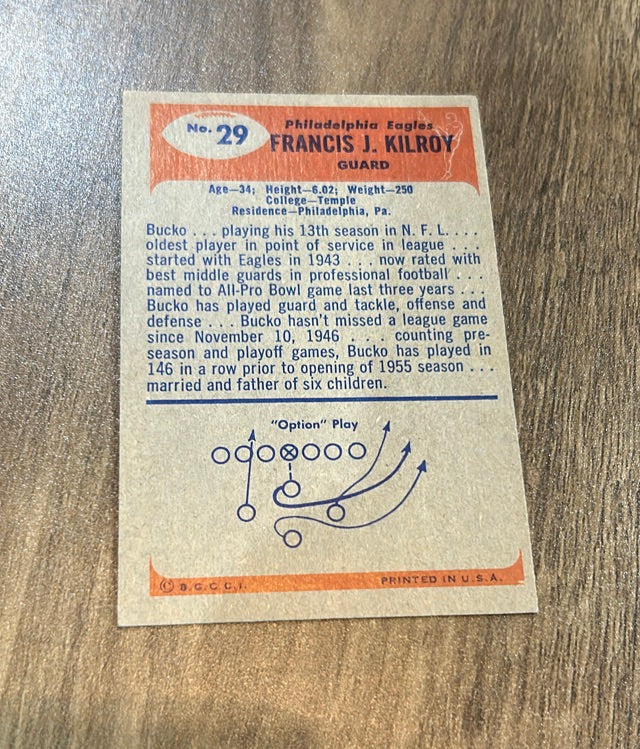 Francis Kilroy 1955 Bowman 29 trading card image rear