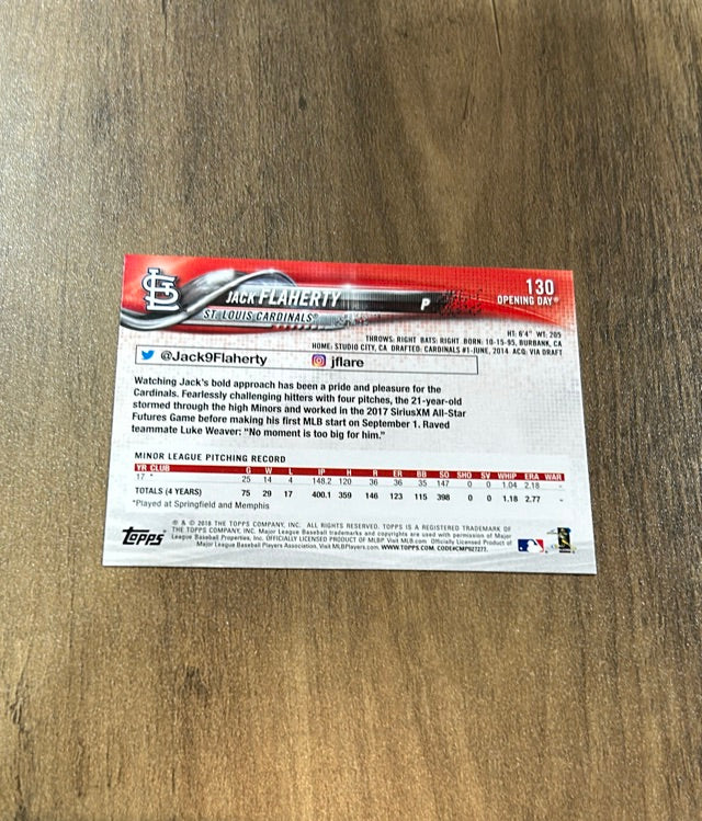 Jack Flaherty 2018 Topps Opening Day 130 trading card image rear