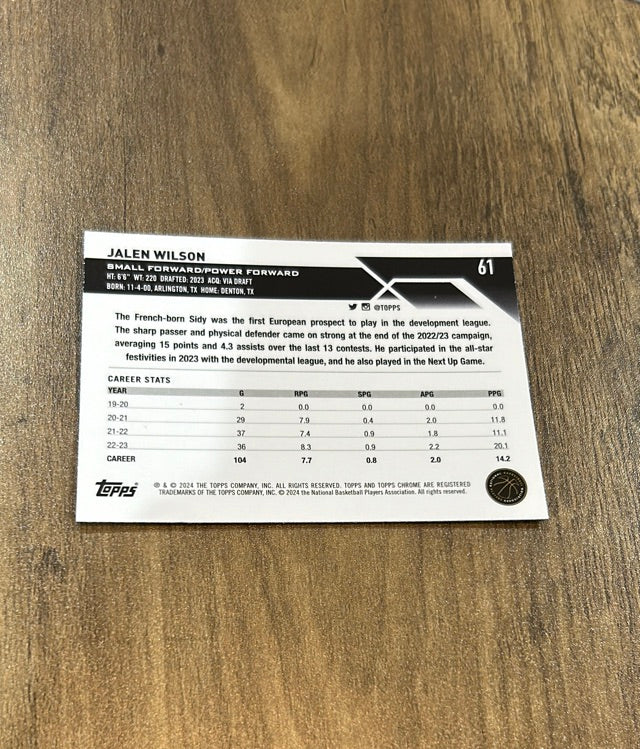 Jalen Wilson 2023-24 Topps Chrome 61 trading card image rear