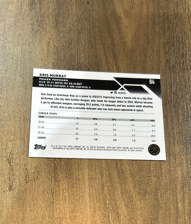 Kris Murray 2023-24 Topps Chrome 84 trading card image rear