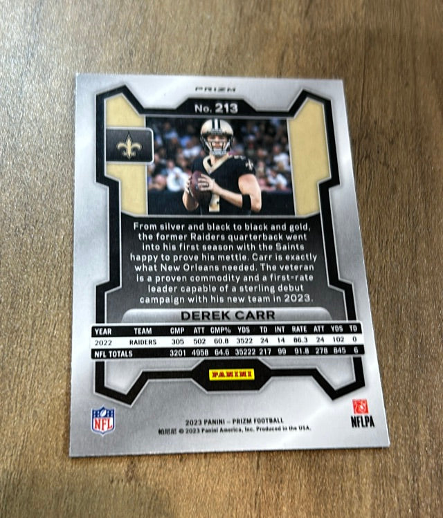 Derek Carr 2023 Panini Prizm Red White and Blue trading card image rear