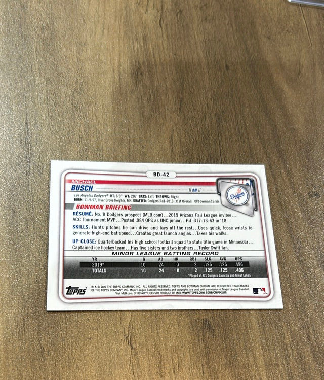 Michael Busch 2020 Bowman Draft Chrome Sky Blue BD-42 trading card image rear