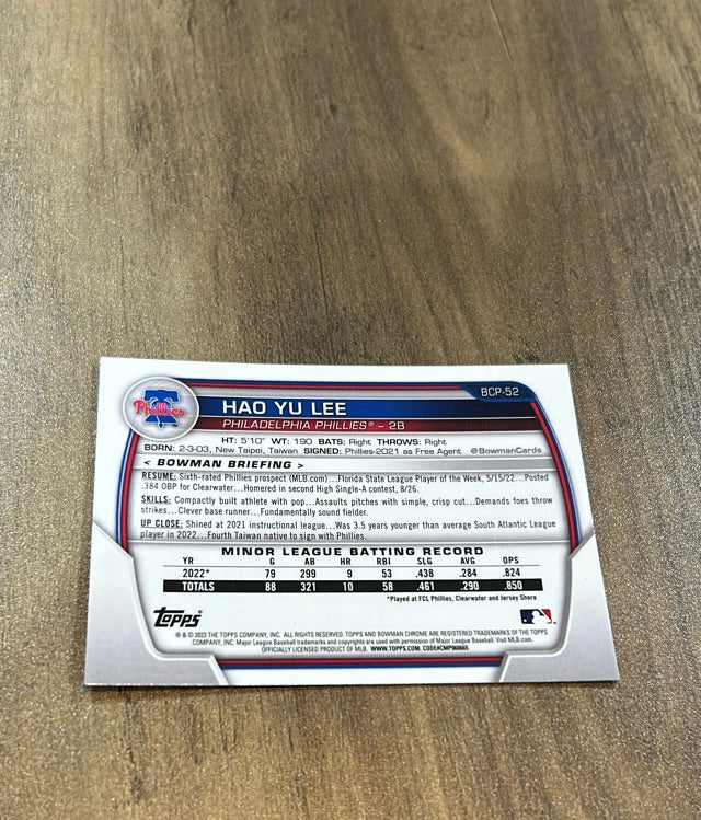 Hao Yu Lee 2023 Bowman Chrome Prospects BCP-52 trading card image rear