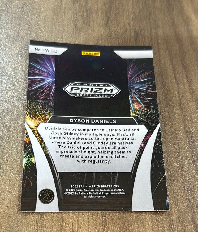 Dyson Daniels 2022 Panini Prizm Draft Picks Fireworks FW-DD trading card image rear