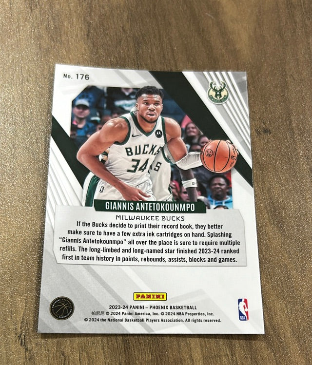 Giannis Antetokounmpo 2023-24 Panini Phoenix Teal Lazer 176 trading card image rear