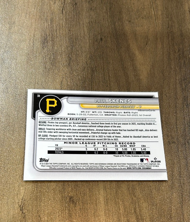 Paul Skenes Pittsburgh Pirates 2024 Bowman Chrome Trading Card