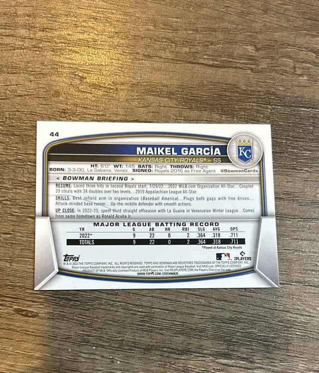 Maikel Garcia 2023 Bowman 44 trading card image rear