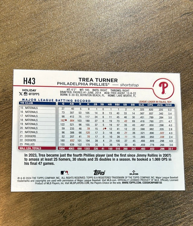 Trea Turner 2024 Topps Holiday Holiday Tree H43 trading card image rear