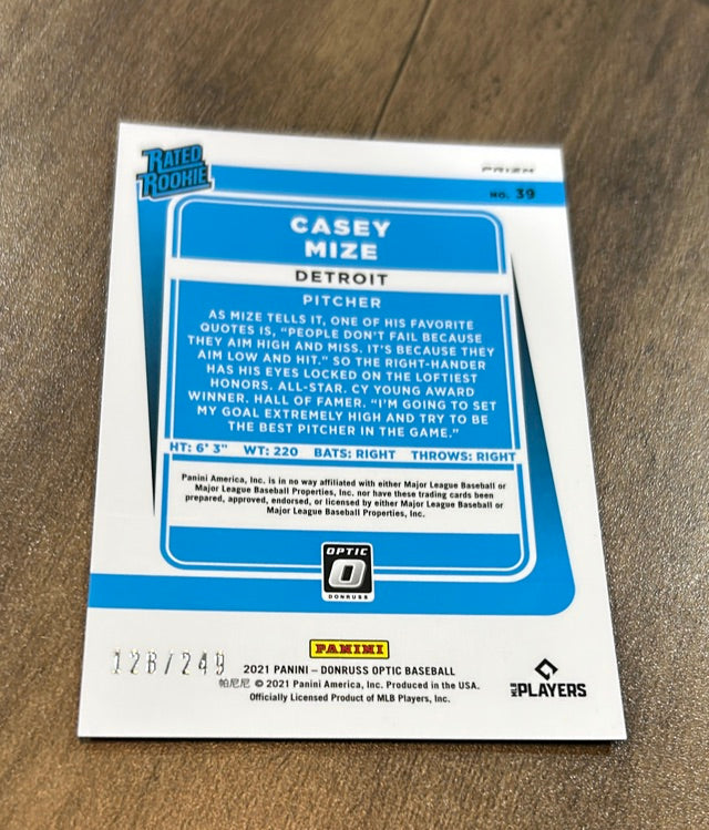Casey Mize 2021 Donruss Optic Pink Velocity 39 trading card image rear