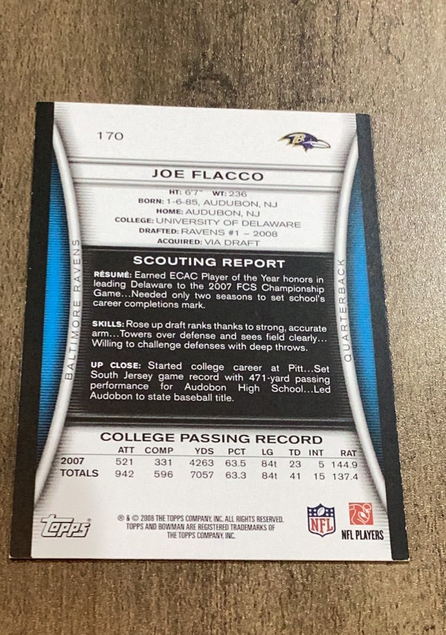 Joe Flacco 2008 Bowman 170 trading card image rear