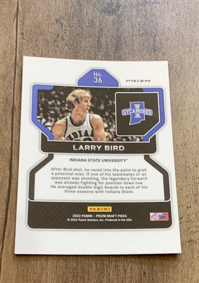 Larry Bird 2022 Panini Prizm Draft Picks Purple Wave 36 trading card image rear