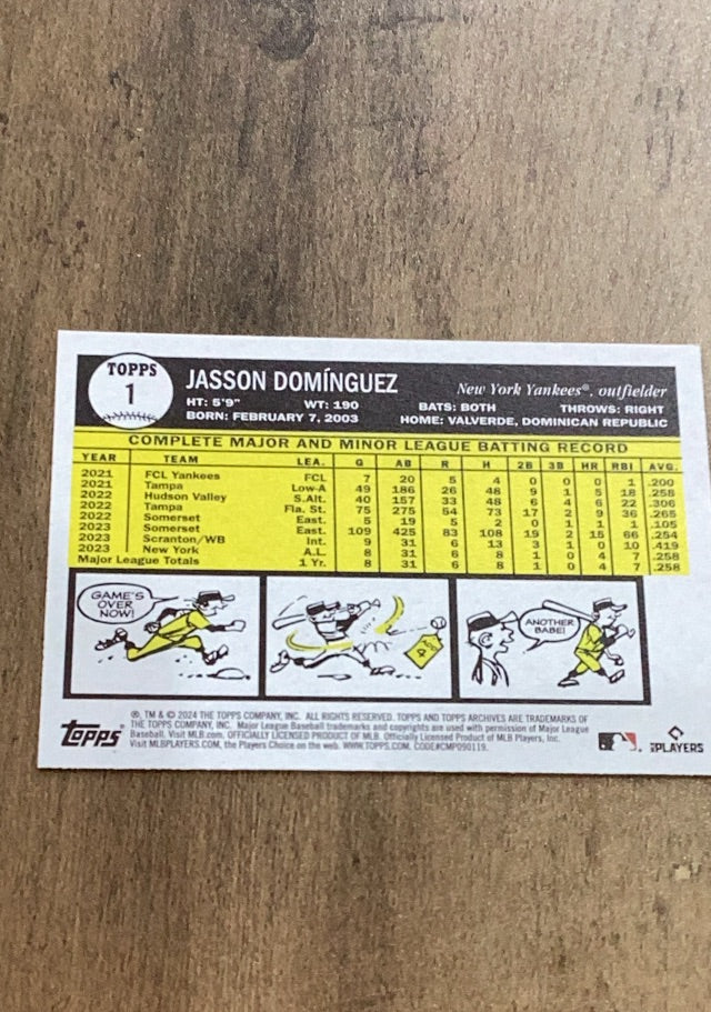 Jasson Domínguez 2024 Topps Archives 1 trading card image rear