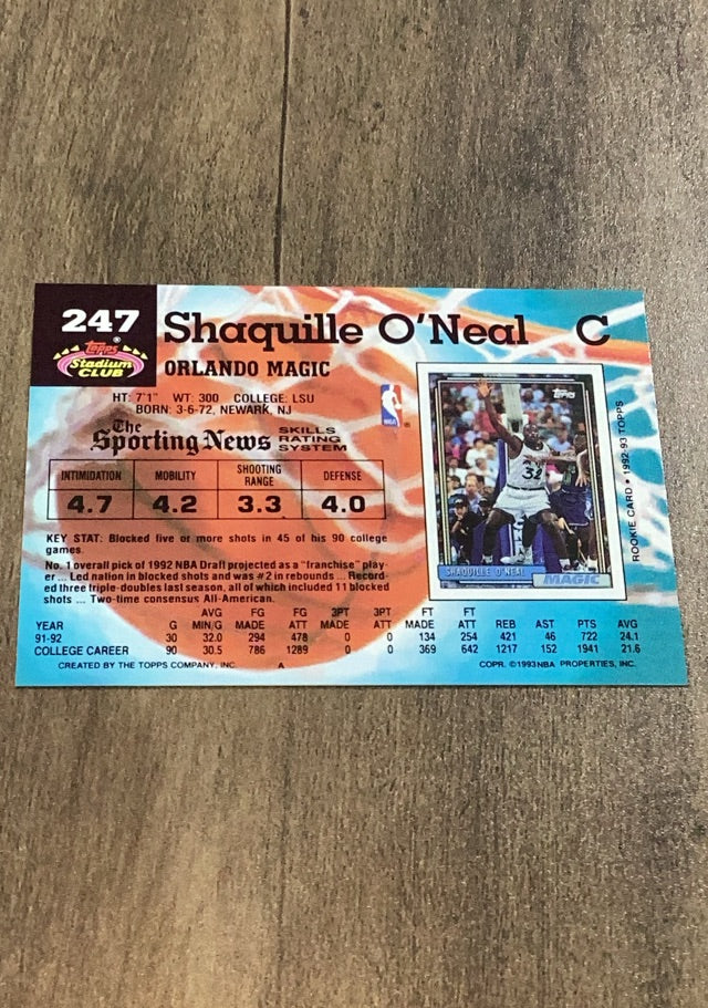 Shaquille O'Neal 1992 Stadium Club 247 trading card image rear