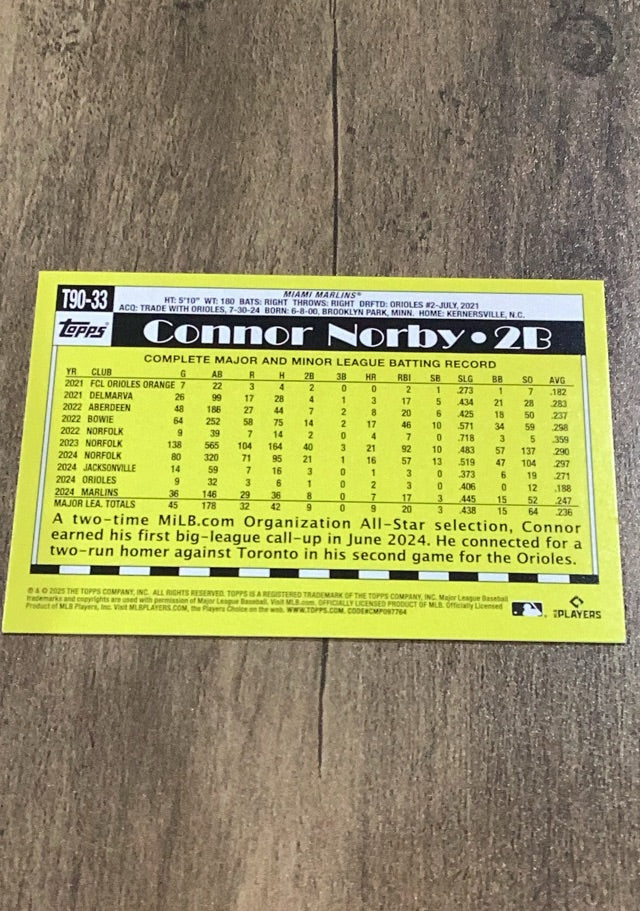 Connor Norby 2025 Topps - 1990 Topps Baseball 35th Anniversary T90-33 trading card image rear