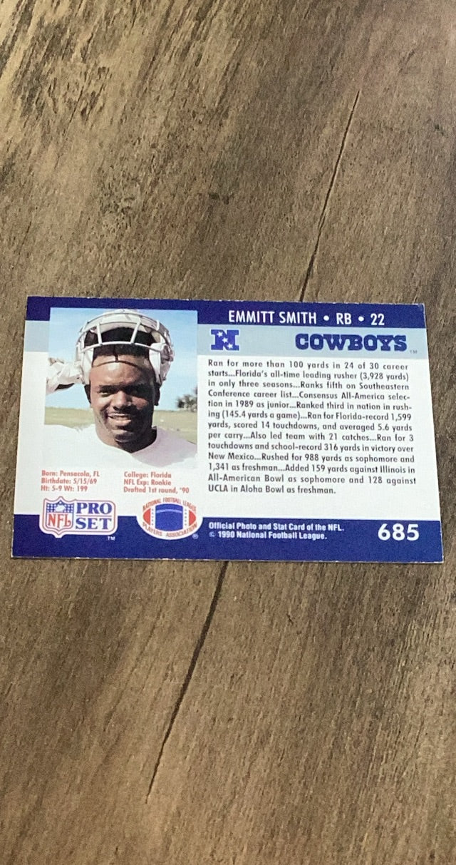 Emmitt Smith 1990 Pro Set 685 trading card image rear