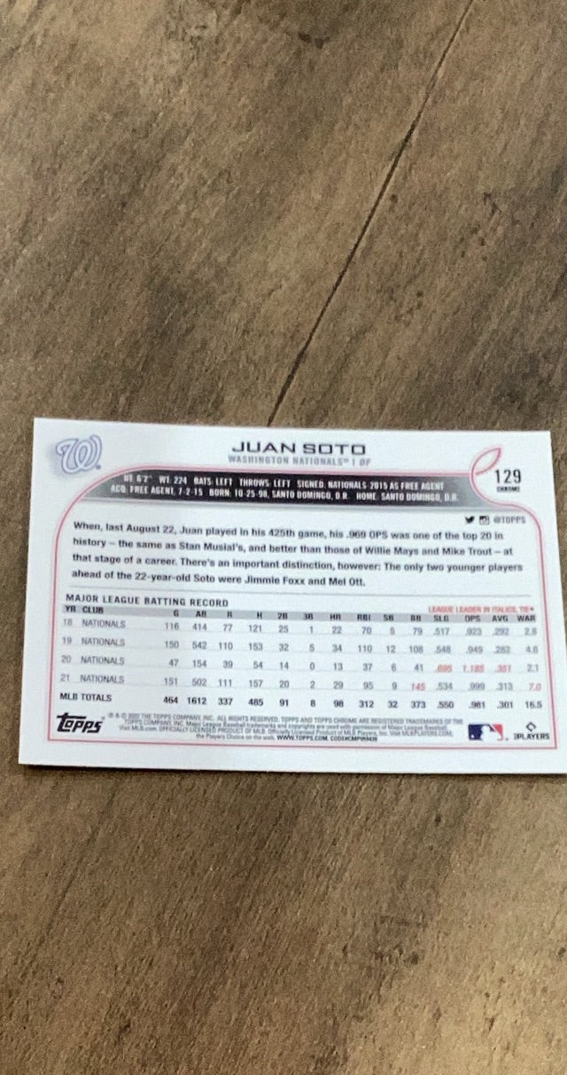 Juan Soto 2022 Topps 2022 Topps Chrome trading card Topps