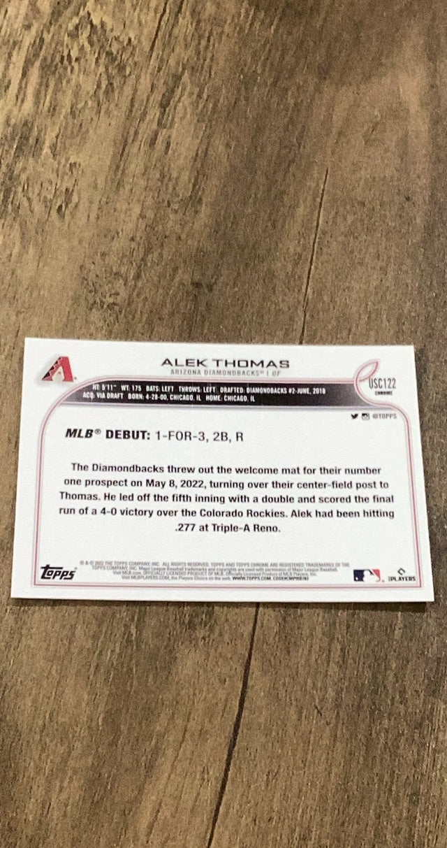 Alek Thomas 2022 Topps Chrome Update Purple Refractor USC122 trading card image rear