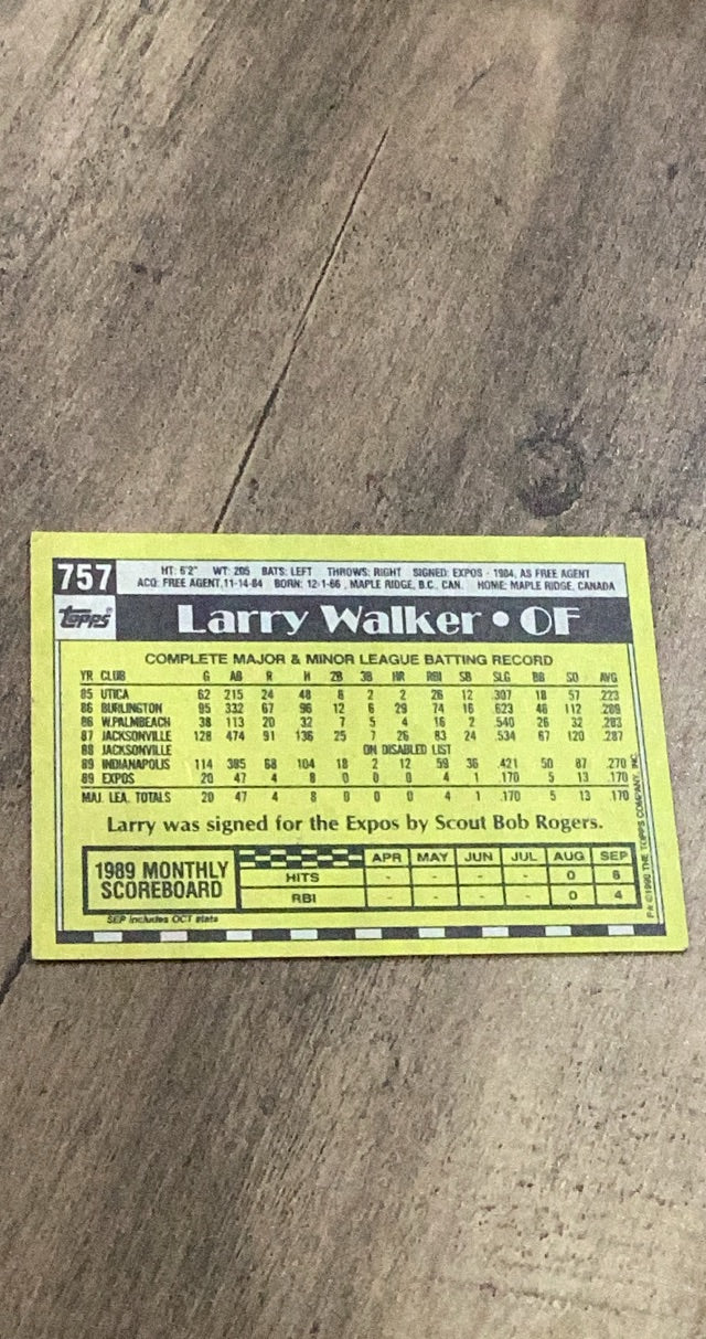 Larry Walker 1990 Topps 757 trading card image rear