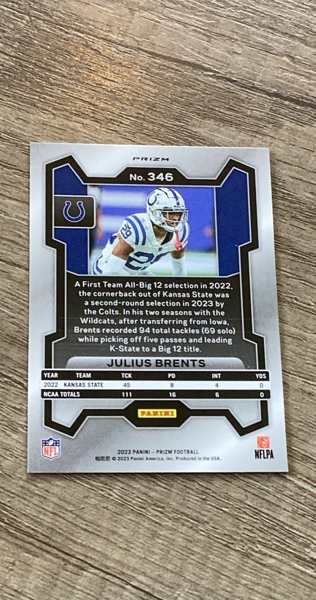 Julius Brents 2023 Panini Prizm Lazer trading card image rear