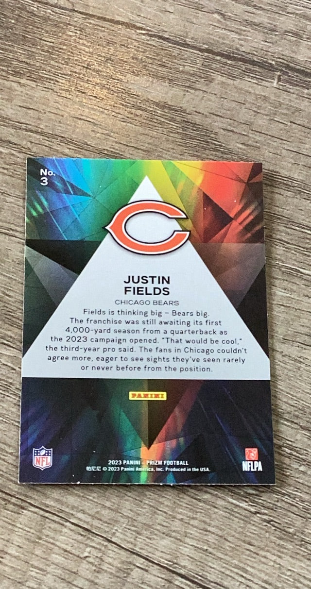 Justin Fields 2023 Panini Prizm Prizmatic trading card image rear