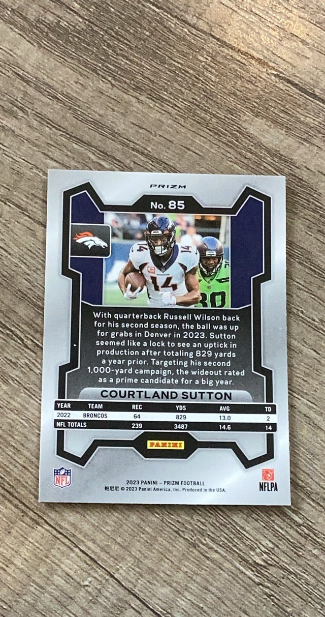 Courtland Sutton 2023 Panini Prizm Silver trading card image rear