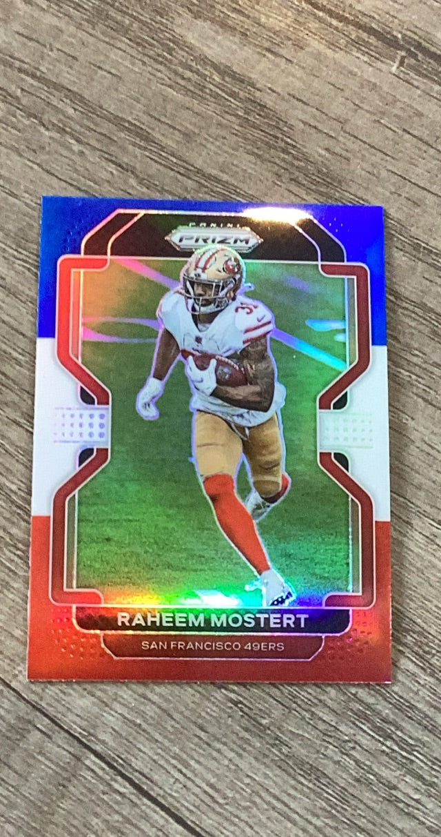 Raheem Mostert 2021 Panini Prizm Red White and Blue trading card image front