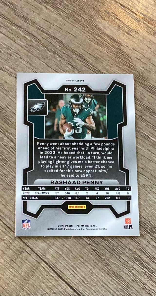 Rashaad Penny 2023 Panini Prizm Pink trading card image rear