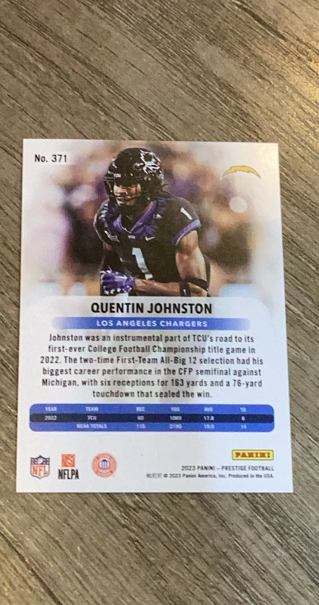 Quentin Johnston 2023 Panini Prestige trading card image rear