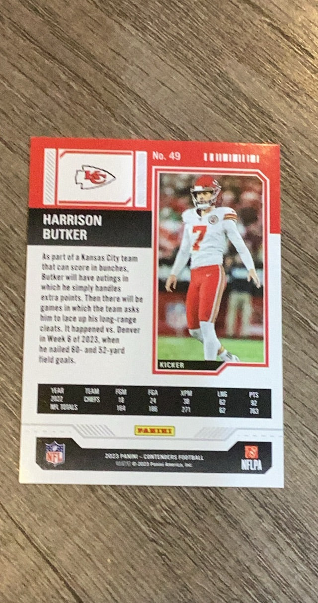 Harrison Butker 2023 Panini Contenders Game Ticket Red trading card image rear