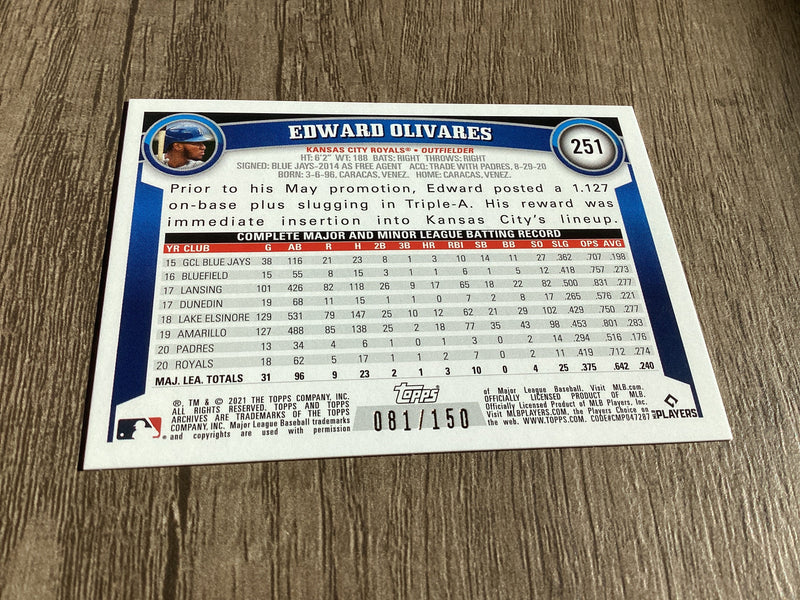 Edward Olivares MLB Kansas City Royals 2021 Topps Archives 251 FoilFractor /150 numbered RC trading card Topps