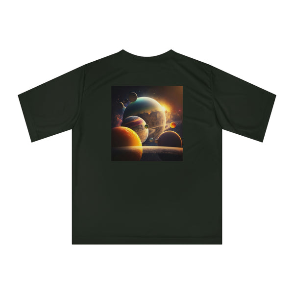 Unisex Zone Performance T-shirt - Spiral galaxy and planets aligned Printify