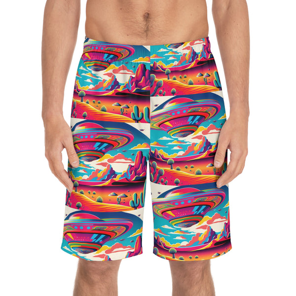 Crafted with LOVE for Far Out - UFO in the desert - Men's Board Shorts - Printify