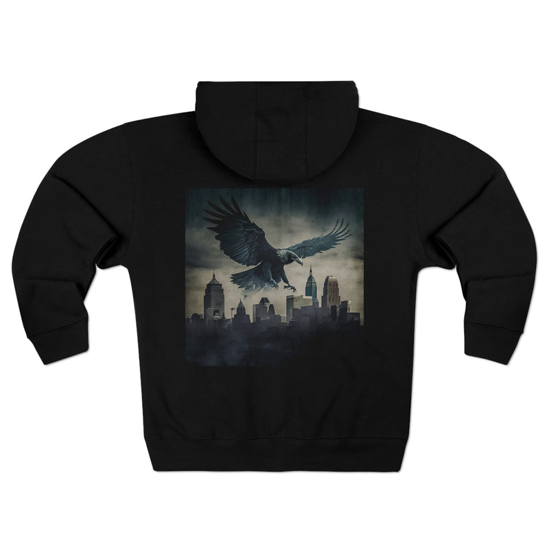 Unisex Premium Full Zip Hoodie Eagle flying Kansas City skyline Printify