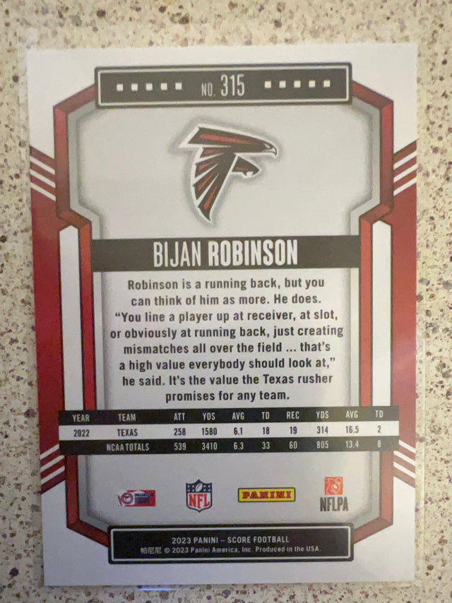 Bijan Robinson Atlanta Falcons NFL 2023 Score 315 RC Panini
