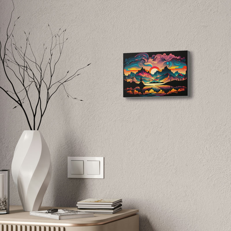 Canvas Stretched, 1.5'' - Psychadelic sunset mountains and lake Printify