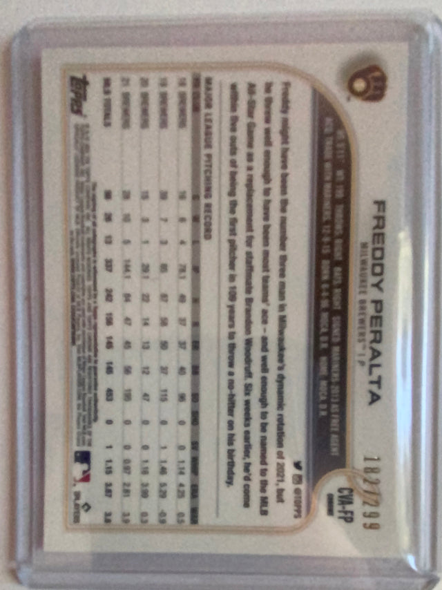 Freddy Peralta Milwaukee Brewers MLB 2022 Topps Chrome: Veteran Autographs Purple Speckle Refractor CVA-FP AU, SN299 Topps
