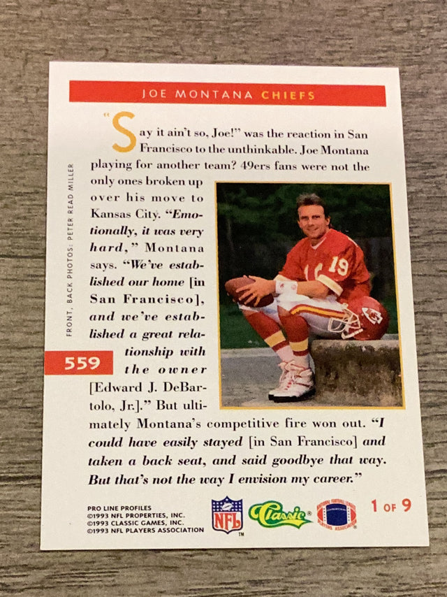 Joe Montana Kansas City Chiefs NFL 1993 Pro Line Profiles 559 Pro Line