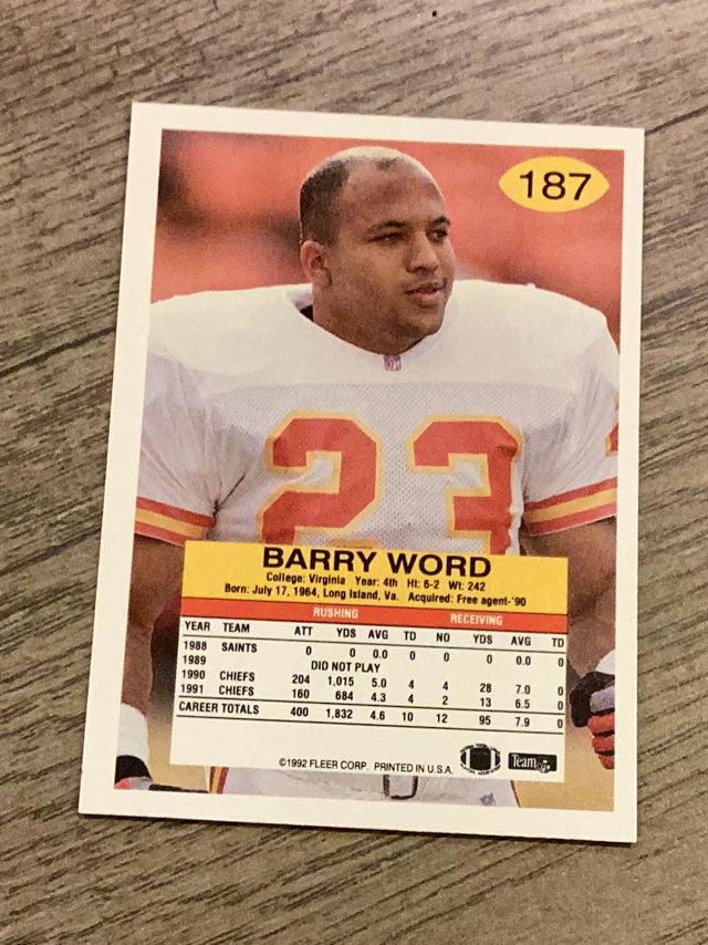 Barry Word Kansas City Chiefs NFL 1992 Fleer 187 Fleer