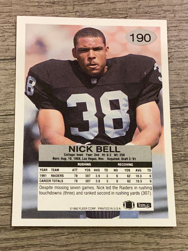 Nick Bell Los Angeles Raiders NFL 1992 Fleer 190 Fleer