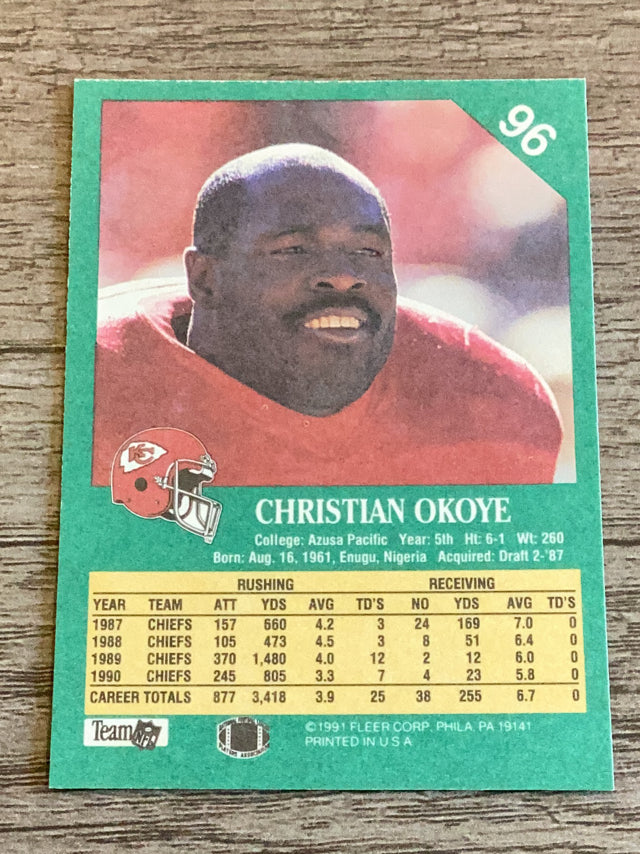 Christian Okoye Kansas City Chiefs NFL 1991 Fleer 96 Fleet