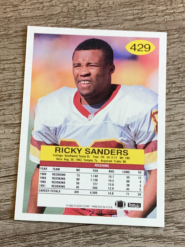 Ricky Sanders Washington Redskins NFL 1992 Fleer 429 Fleer