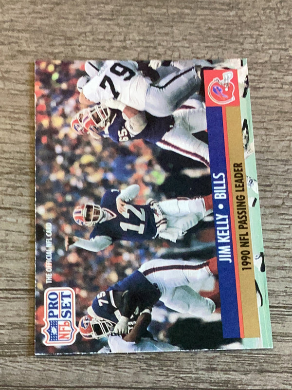 Jim Kelly LL, COR
LL: 1990 NFL Passing Leader; COR: NFLPA logo and ® included on lower back Buffalo Bills NFL 1991 Pro Set 8c LL, COR, LL: 1990 NFL Passing Leader; COR: NFLPA logo and ® included on lower back