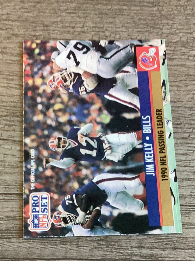 Jim Kelly LL, COR
LL: 1990 NFL Passing Leader; COR: NFLPA logo and ® included on lower back Buffalo Bills NFL 1991 Pro Set 8c LL, COR, LL: 1990 NFL Passing Leader; COR: NFLPA logo and ® included on lower back