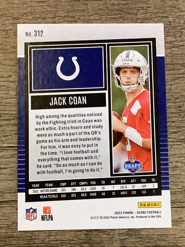 Jack Coan Indianapolis Colts NFL 2022 Score 312 RC Panini