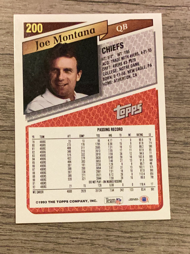 Joe Montana Kansas City Chiefs NFL 1993 Topps - Gold 200 Topps