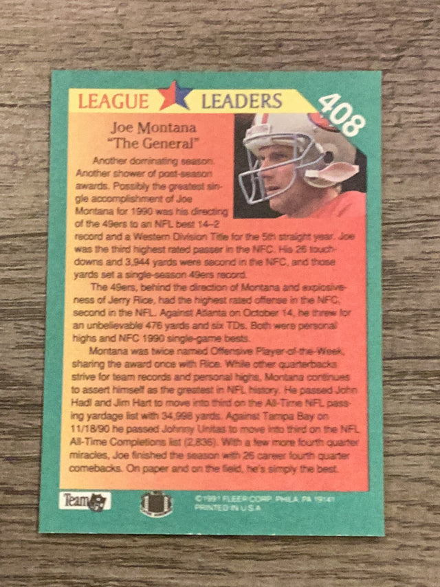 Joe Montana San Francisco 49ers NFL 1991 Fleer 408 LL, UER Fleer