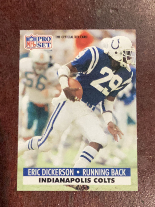 Eric Dickerson ERR
ERR: Bio says 667 yards rushing, should be 677 / NFLPA logo on lower back Indianapolis Colts NFL 1991 Pro Set 175a ERR, ERR: Bio says 667 yards rushing, should be 677 / NFLPA logo on lower back